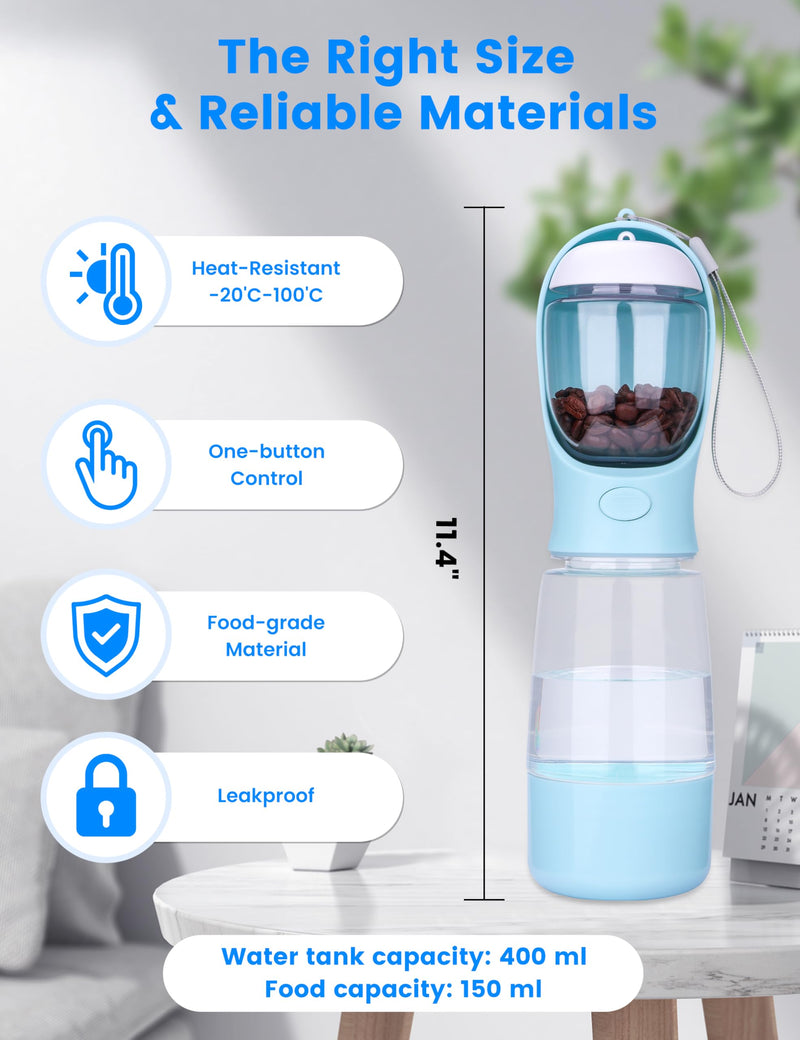 Dog Water Bottle, Portable Pet Travel Water Bottle with Food Container, Leak Proof Puppy Water Bowl Outdoor Dog Water Dispenser for Pets Outdoor, Travel, Walking(13oz) Blue 13oz - PawsPlanet Australia