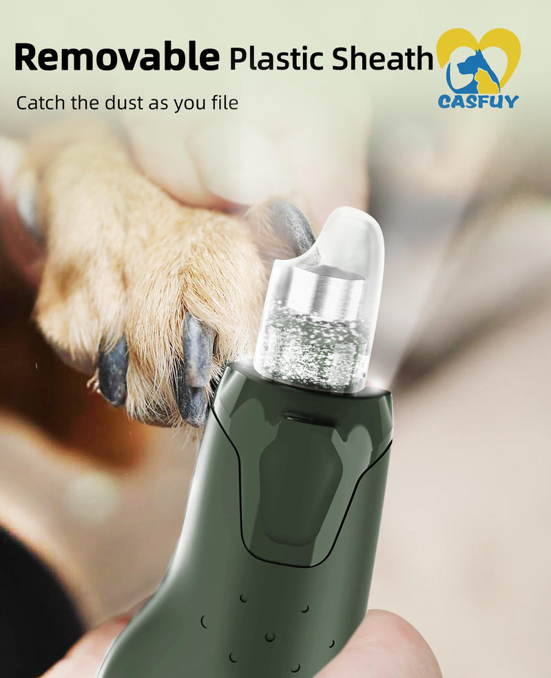 Casfuy Dog Nail Grinder Quiet - (45db) 6-Speed Pet Nail Grinder with 2 LED Lights for Large Medium Small Dogs/Cats, Professional 3 Ports Rechargeable Electric Dog Nail Trimmer with Dust Cap Armygreen
