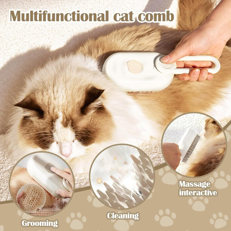 Cat Steam Brush - 5 In1 Grooming Kit for Cats and Dogs Silicone Massage Tool - Stainless Steel Nail Scissors - Hair Detangling Comb - Water Spray Rechargeable Shedding Wash-Free Essence (Khaki) Khaki - PawsPlanet Australia