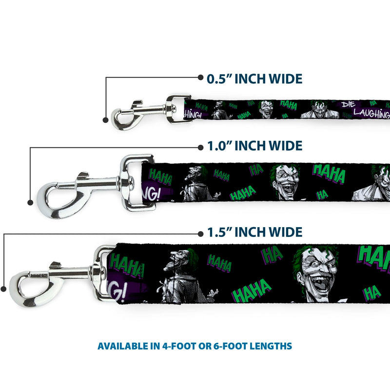 DC Comics Pet Leash, Dog Leash, Joker Die Laughing Haha Black Purple Green, 6 Feet Long 1.5 Inch Wide 6 Feet Long - 1.5" Wide