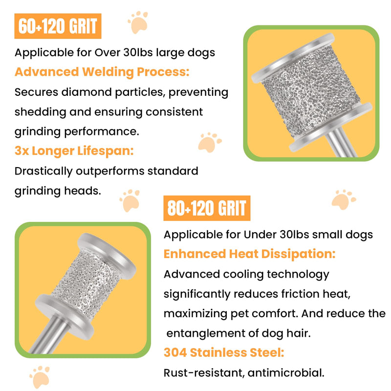 CAELUM 2Pack Diamond-Coated Pet Nail Grinder Bits, Dual Grit for Large & Small Dogs, 1/8” Shank for Dremel Nail Tools, Low Noise, Durable Nail Trimmer for Dogs, Top & Side Grinding 2pcs-60/120Grit+80/120Grit - PawsPlanet Australia