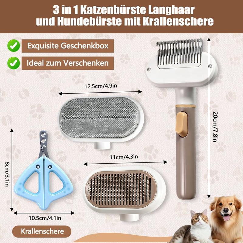3-in-1 Cat Brush Long Hair and Dog Brush, Versatile Self-Cleaning Hair Comb, Stainless Steel Comb Removes Unwanted Hair and Untangling Knots, Massage Bristles, One Button Hair Removal