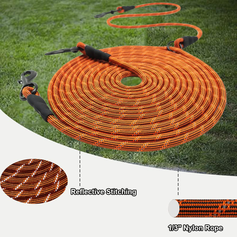 BTINESFUL 12FT 20FT 30FT Reflective Dog Tie Out for 2 Dogs, No Tangle 1/3 Inch Nylon Rope Tether for Two Dogs, Dog Trolley Runner for Yard Outdoor Camping Orange 12 ft x 1/3" - PawsPlanet Australia