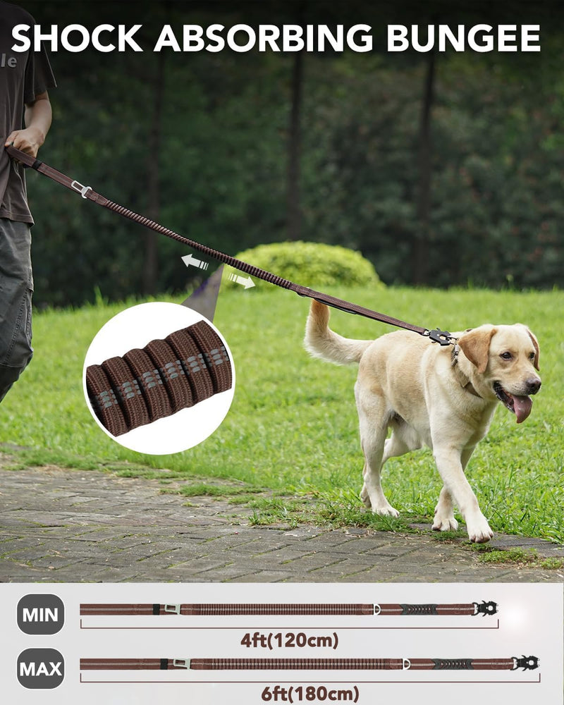 Joytale Tactical Dog Collar(17"-21") and Dog Leash Set, Shock Absorbing Bungee Dog Leash and Adjustable Strong Dog Collar with Handle for Large Dogs(Brown, L) - PawsPlanet Australia
