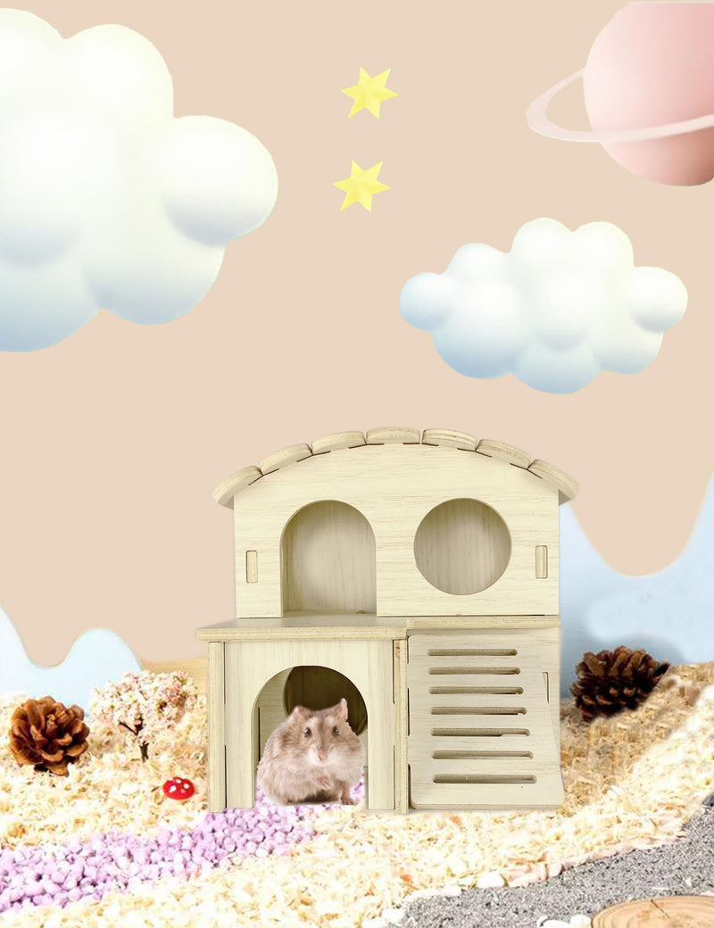 Hamster Hideout Cage Accessories - Hamster House and Habitat Wooden Hide Hut with Climbing Ladder and Platform for Dwarf Gerbils and Mouse Mice Rat Other Small Animals etc. B-Double storey house - PawsPlanet Australia