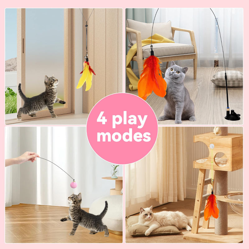Interactive Cat Toys: 4 Ways to Play Indoor Kitten Wand with Suction Cup, Removable 12Pcs Replacements (Feathers, Mice, Butterflies, Caterpillars, Flies, Fur Balls) – Detachable Design - PawsPlanet Australia