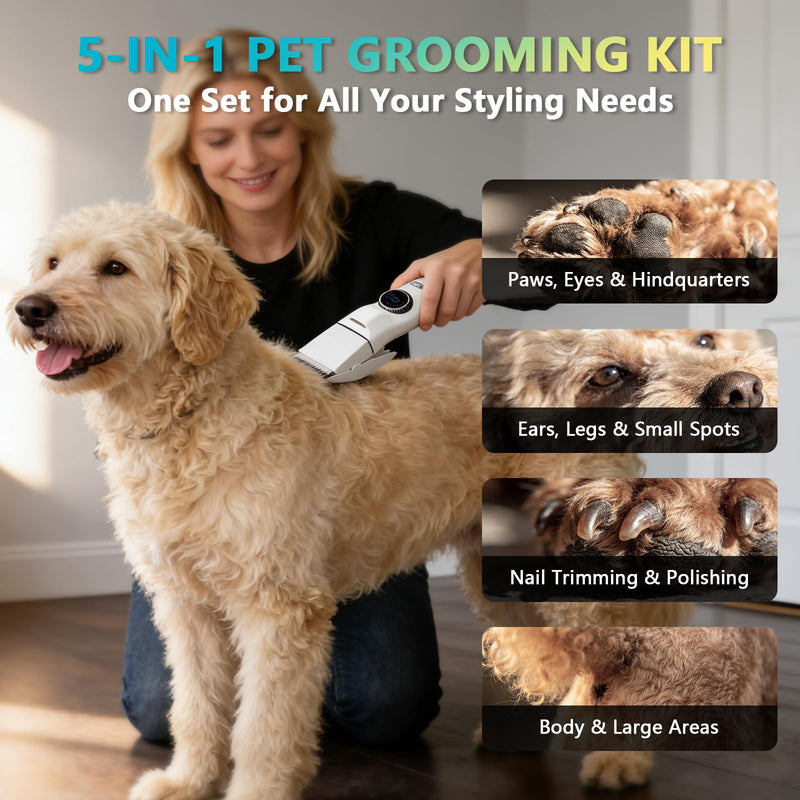5-in-1 Dog Grooming Kit, Dog Paw Trimmer with LED Display and Light 11-Speed Rotary Knob Low Noise Stainless Steel Blade, Wireless Charging Pet Shaver Ideal Trimming Paw Eye Ear Facial Hair Pet Clipper