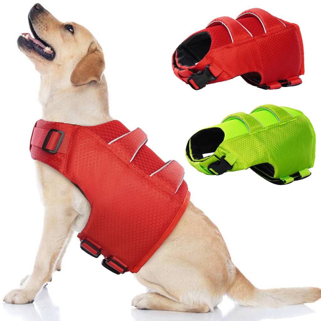 DENTRUN High Visibility Dog Life Jacket, Dog Life Vest for Swimming Boating Puppy Life Preserver Floatation Safety Pool Lake Reflective Float Coat Wetsuit & Rescue Handle for Medium Dog, Red