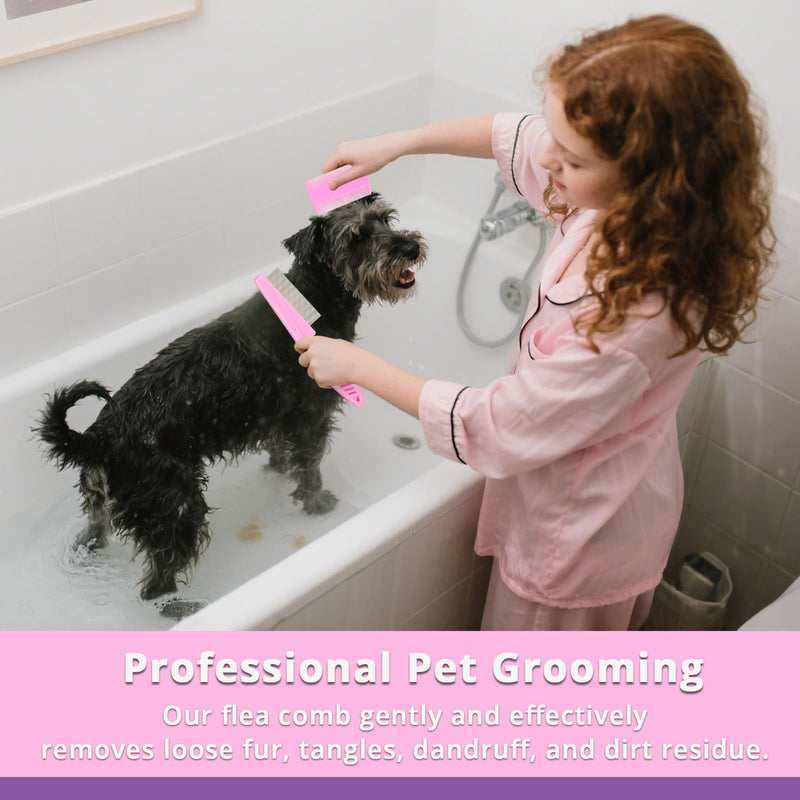 Flea Comb for Dogs and Cats - Lice Comb with Rubber Handle - Promotes Hair Growth and Removes Loose Hair, Knots, and Flakes Flea Brush for Pets(3P,PINK) Pink - PawsPlanet Australia