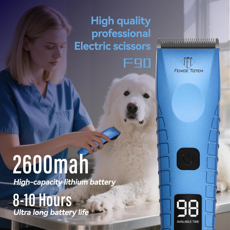 Professional Electric Dog Grooming Clippers, 2600mAh Battery, LCD Display, Type-C Charging, Silver (Blue)
