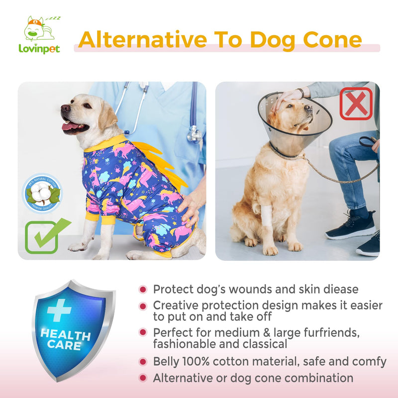LovinPet Dog Recovery Suit for Large Medium Dogs - Recover Comfortably Well Protection Pet Onesie Dog Shedding Suit Pet Pajamas Dog Anti Licking Snugly Suit,Dog Recovery Suit Male,Unicorn,Yellow,XL XL Yellow collar/Purple - PawsPlanet Australia