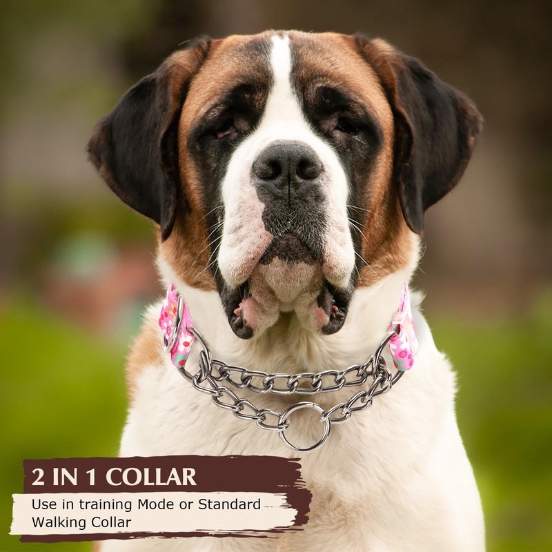Martingale Collar for Dogs with Nylon & Steel Chain Limited Cinch Design, No Choke Dog Collar with Pink Flower Design, Adjustable No Pull Dog Collar, Great for Whippets, Greyhounds and More (M) 2 M