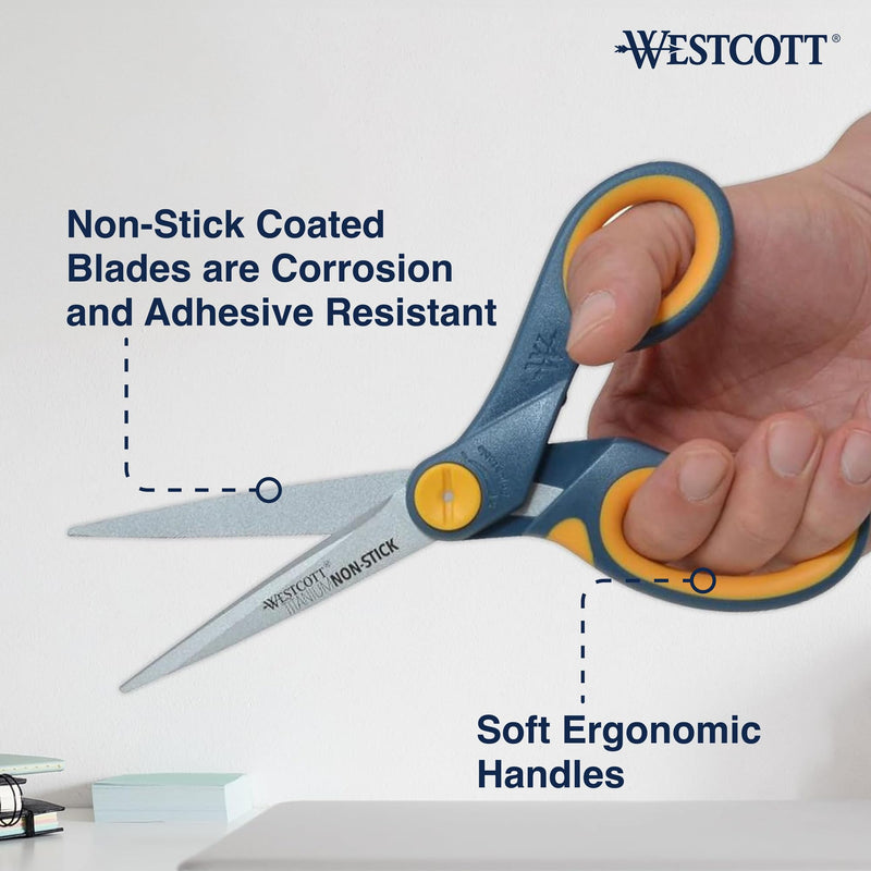 Westcott 8-Inch Non-Stick Titanium Scissors For Office and Home - Glide Adjust Technology - Grey/Yellow Craft, Fabric Scissors - 3 Pack 8-inch (3-Pack) - PawsPlanet Australia