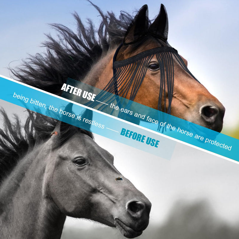 La La Pet Breathable Mesh Horse Fly Mask Protective Face Cover with Ears and Nose Fringe Super Comfort Protector Defender Soft on Skin Equestrian Supplies in Summer