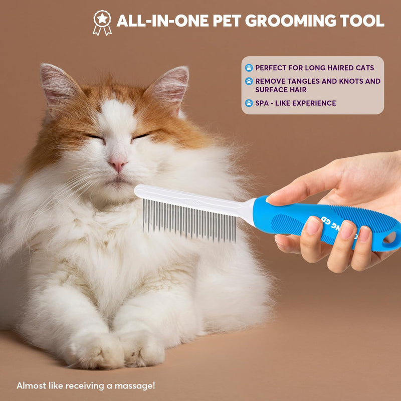 Detangling Pet Grooming Comb for Dogs & Cats with Long & Short Stainless Steel Metal Teeth for Removing Tangles and Knots - Dematting Brush to Detangle Matted Hair Blue comb