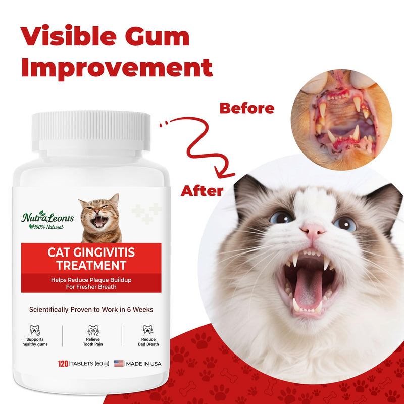 Cat Dental Care – Relieves Gingivitis – Inhibits Plaque & Tartar Buildup, Protects Gum Health and Relieves Bad Breath and Bleeding Gums, Natural Plant Extracts, 120 Easy-To-Swallow Tablets