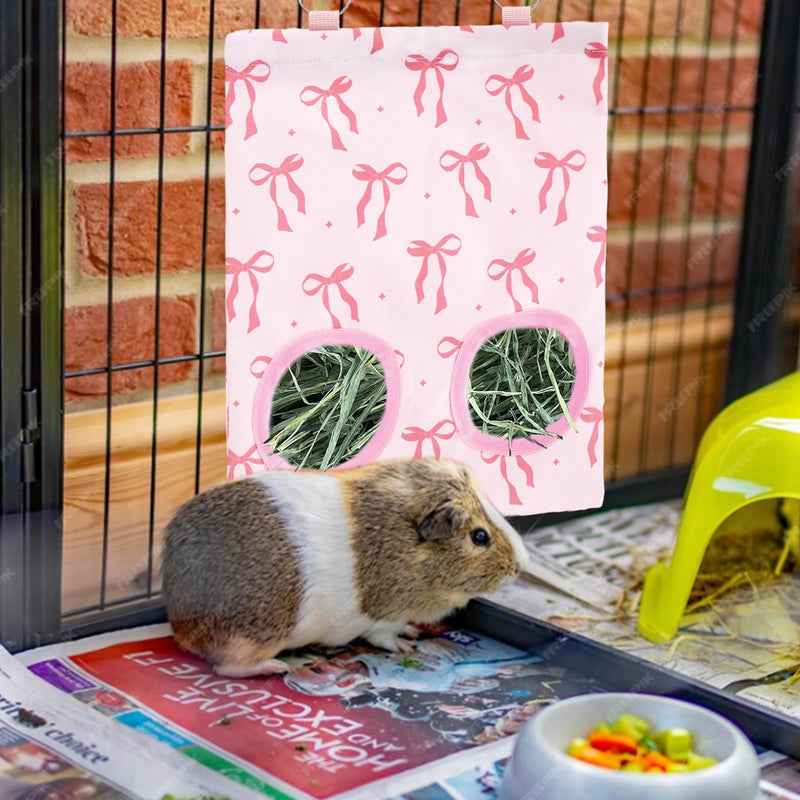 2Pcs Rabbit Hay Feeder Bag with 2 Holes Pink Bow Guinea Pig Hanging Hay Feeding Bag Storage Dispenser for Chinchilla Hamster Bunny Small Animal Pet - PawsPlanet Australia