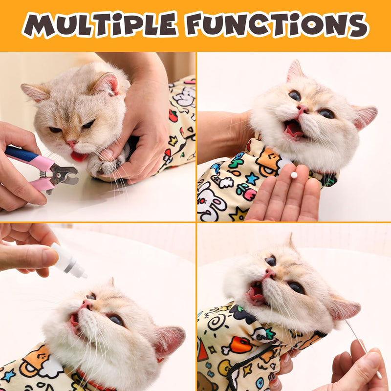 Cat Grooming Wrap, Self-Adherent Soft Cat Blanket to Wrap, Nail Clipping, Anti-Bite, Anti-Scratch, Anti-Escape Calming Wrap (Cute Prints, 3-6 lbs) Cute Prints - PawsPlanet Australia