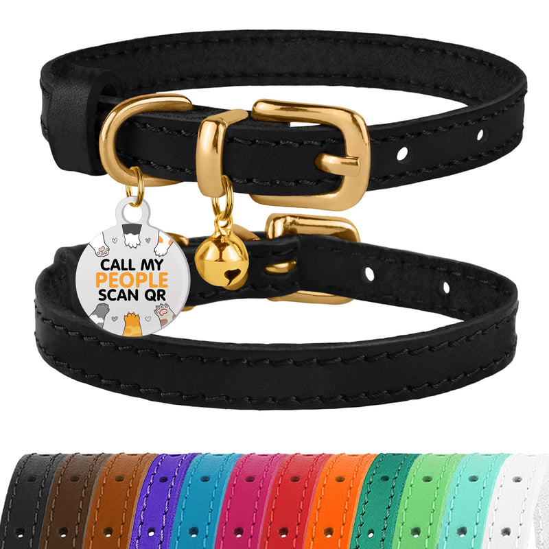 BRONZEDOG Leather Cat Collar with Bells Non Breakaway Kitten QR Tag for Girl Boy (7" - 9" for Cats, Black & Gold) 7 - 9 inch