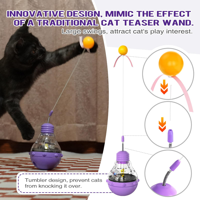 Cat Toys for Bored Indoor Adult Cats, 2 in 1 Cat Treat Dispenser Toy, Tumbler Interactive Cat Toys with Teaser Wand, Cat Food Dispenser - Ideal for Exercise and Boredom Relief (Purple) - PawsPlanet Australia