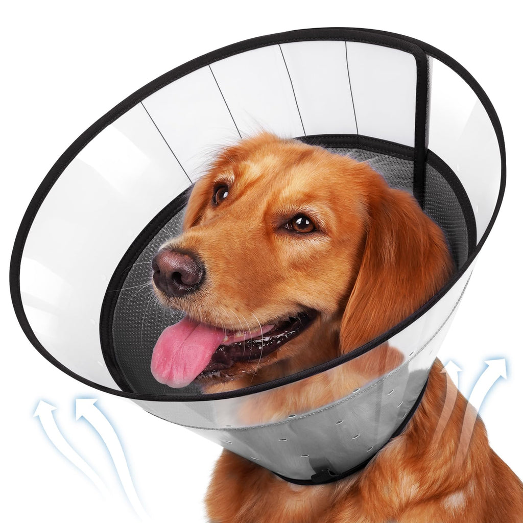 BARKLESS Soft Dog Cone, Soft Cone for Dogs to Stop Licking Biting Wounds, Breathable E Collar for Dog After Surgery, Adjustable Transparent Elizabethan Collar for Dogs Neuter Incision Care Dark Grey L