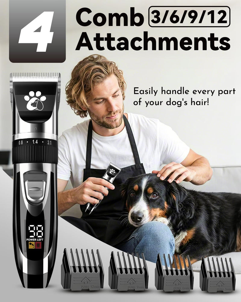 Dog Clippers Cordless, Dog Grooming Kit, Low Noise Rechargeable LED Display Pet Trimmer (Black) Black