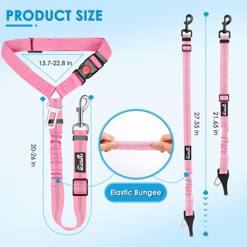 Lukovee Dog Seatbelt Leash for Cars, 2 Pack Pet Safety Car Seat Belt with Adjustable Buckle & Reflective Bungee, Connect Dog Harness in Vehicle Car Dogs Restraint Travel Daily Use (Pink) A-Pink A- Headrest with Clip + 2 in 1 Seat Belt