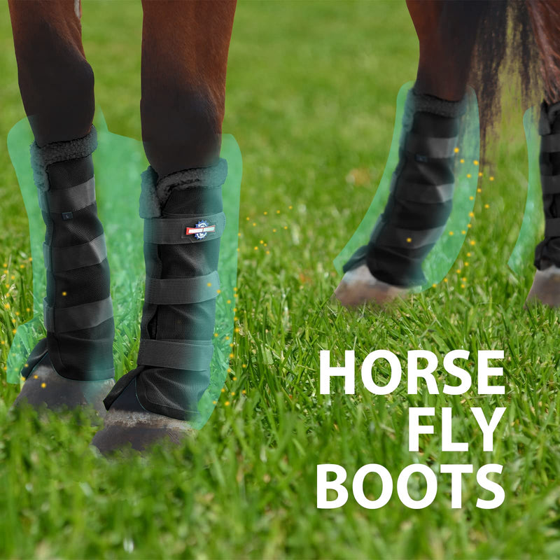 Harrison Howard Horse Fly Boots Summer Protection with Fleece Trim to Eliminate Rubbing Comfortable and Ventilating Mesh Leg Guards Set of 4 Classic Black M Cob (Medium)