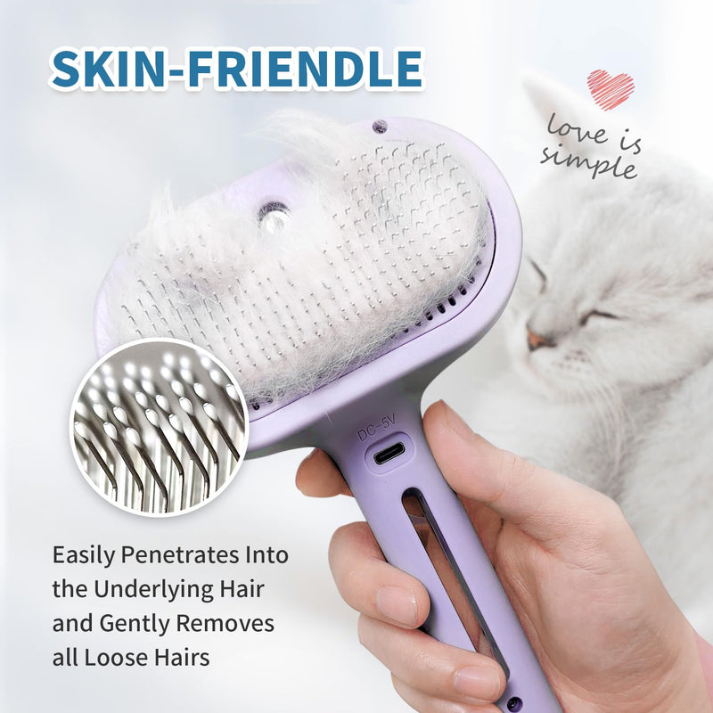 3 in 1 Steam Cat Brush for Shedding - Self-Cleaning Dog Grooming Tool for Long and Short Hair Pets - Removes Static, Flying Hair, and Loose Fur (Purple) Purple - PawsPlanet Australia