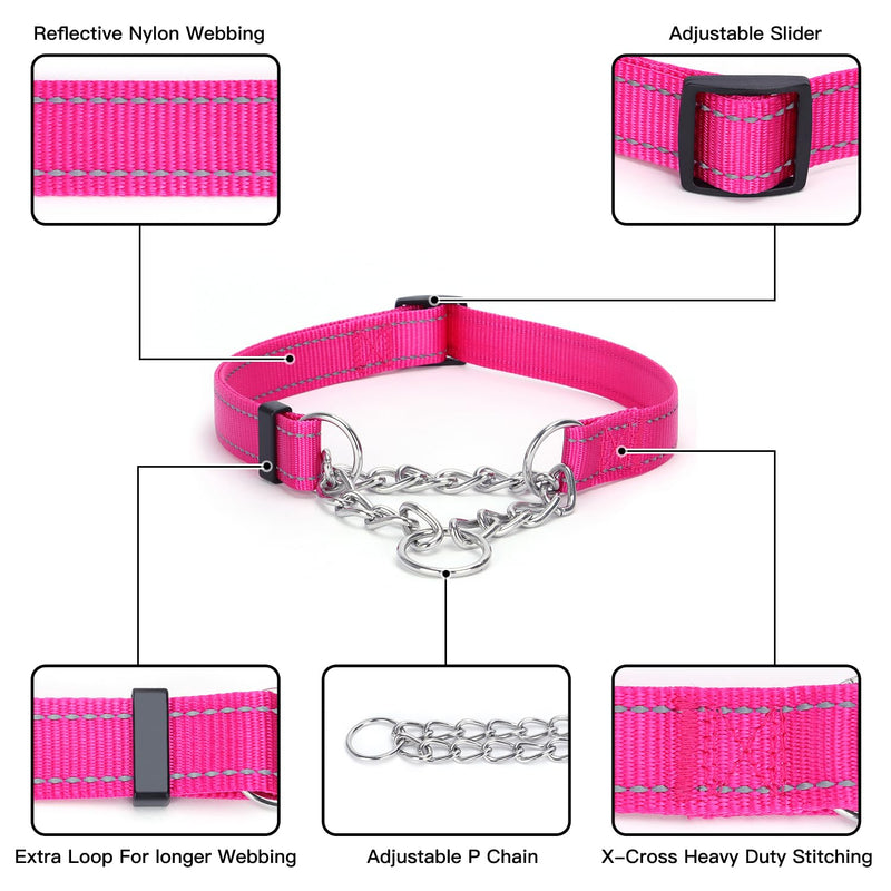 Martingale Dog Collar with Stainless Steel Chain and Leash Set, Martingale Collar with Reflective, 5FT Double Handle Dog Leash Padded, Adjustable for Medium Large Dogs (Hot Pink, M) Hot Pink - PawsPlanet Australia