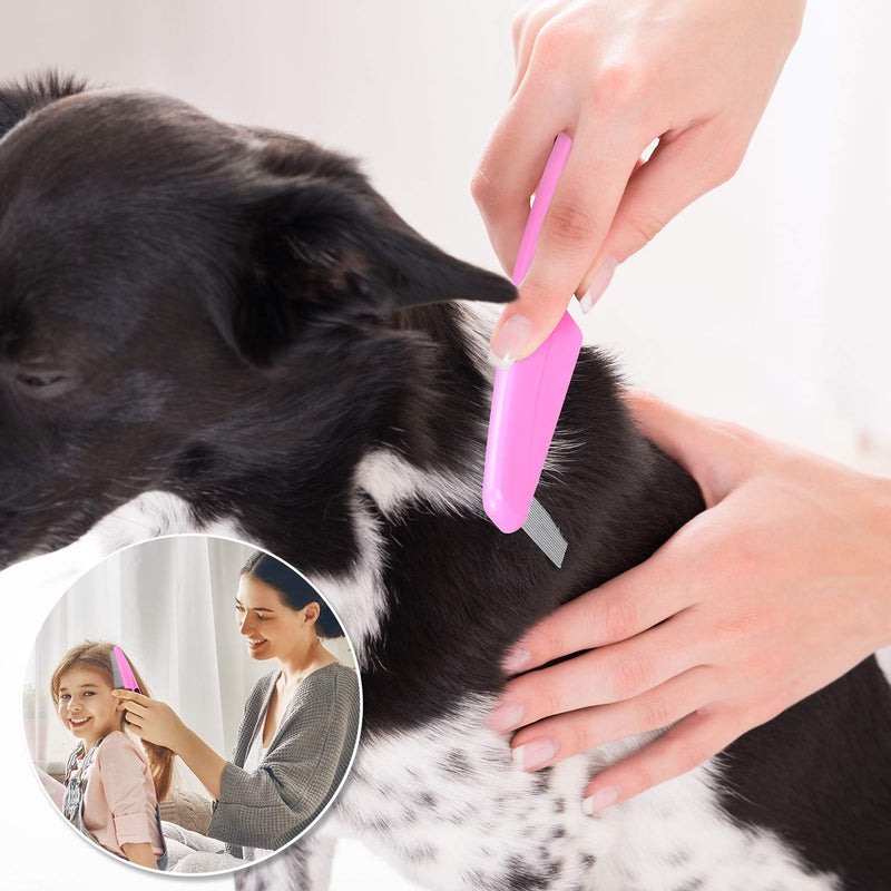 Flea Comb For Dogs & Cats Pet Comb Grooming Set 5 Pieces Metal Teeth Durable Remove Tear Stain Float Hair Combing tangled hair Dandruff Add Storage Pouch (pink) Pink - PawsPlanet Australia