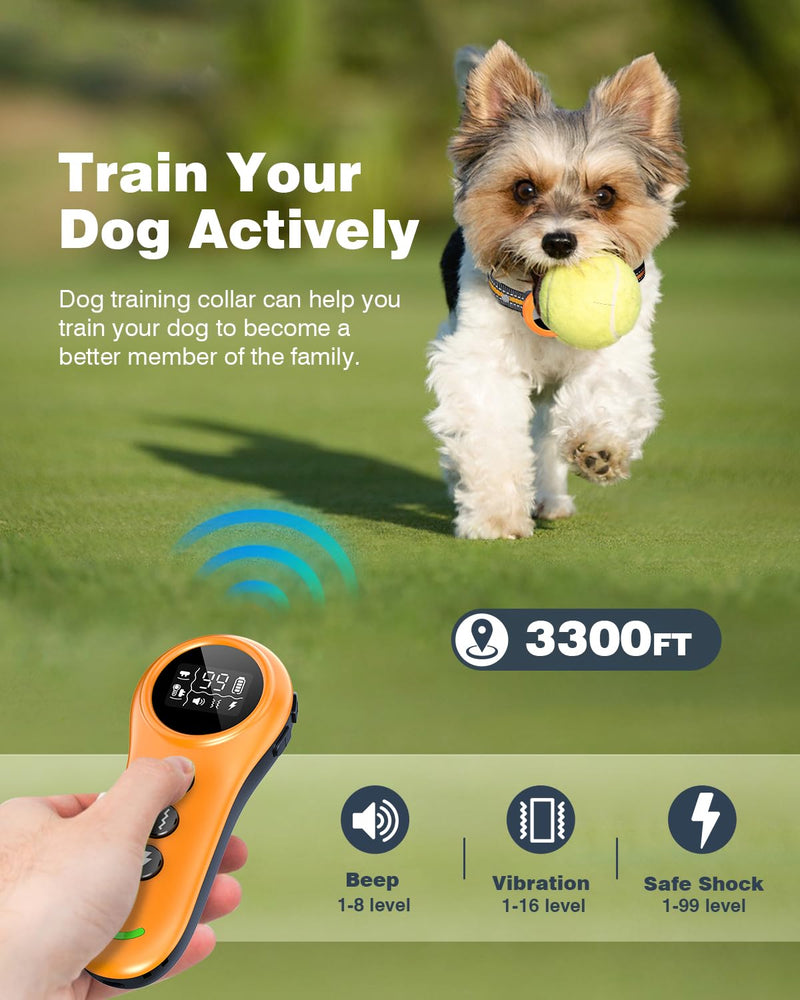 2-in-1 Dog Shock Collar & Dog Bark Collar - Smart Anti Barking Dog Training Collar with 5 Adjustable Sensitivity & 3300FT Remote for All Breeds IP67 Waterproof Rechargeable E-Collar (Orange) Orange - PawsPlanet Australia