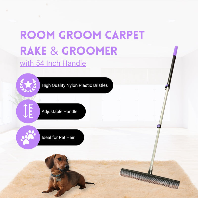 Room Groom PET Carpet Rake Groomer with Telescoping 54 " Adjustable Handle, with Lint Remover Brush Tool, Carpet Brush for Pet Hair and Refreshing Carpets, (Black/Purple) PET + Lint Tool - PawsPlanet Australia