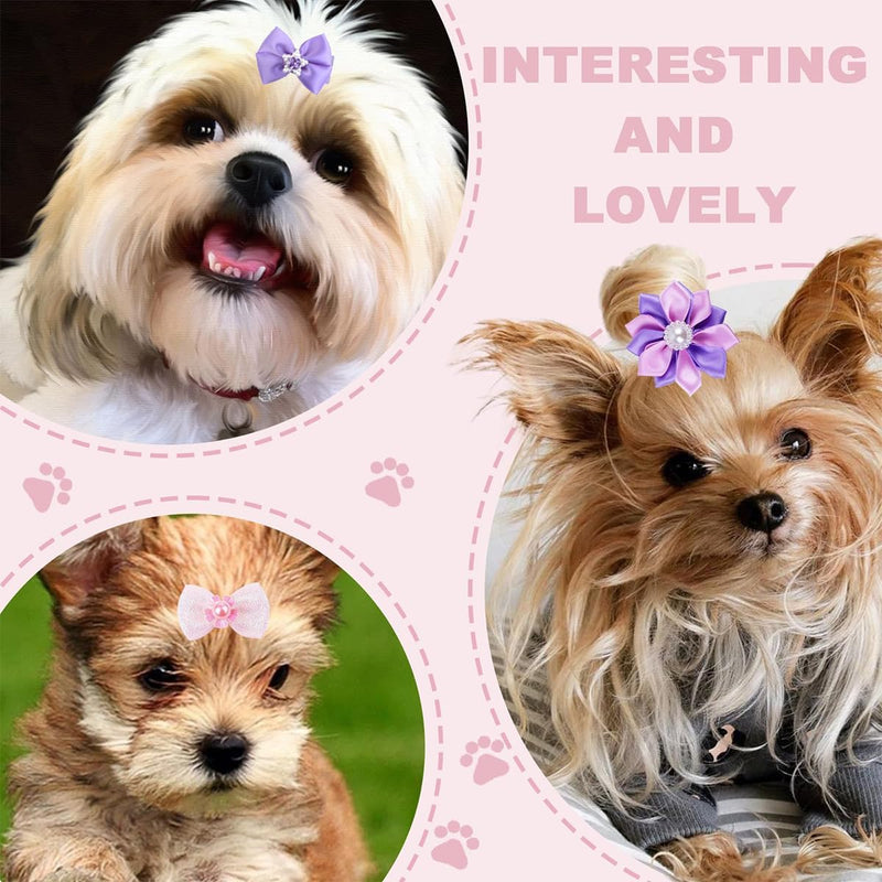 22 Pieces Cute Dog Hair Bows with Elastic Rubber Bands, Small Puppy Hair Accessories with Butterfly Flower Pearls Double Bow Elegant style for Pets Dogs Cats Hair Grooming (Purple and Pink) Elegant Pueple and Pink - PawsPlanet Australia