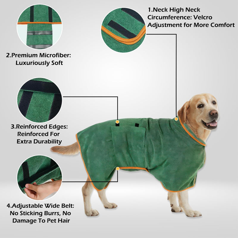 Microfiber Dog Towel Robe – Absorbent Quick Dry Bathrobe for Small, Medium, Large Pets – Adjustable Neck & Waist for Dogs, Cats 77-100 lbs – Dark Green XL - PawsPlanet Australia