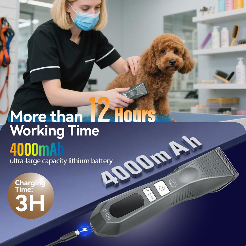 Cordless Dog Grooming Clippers More Than 12H Run Time 3-Speed Professional Pet Clippers for Grooming Heavy Duty Thick Hair Detachable Carbonized Steel Blade Low Noise Clippers + 10F Blade