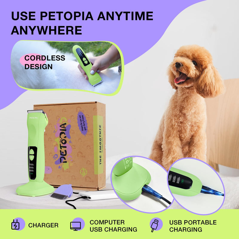 Professional Dog Clippers for Grooming, Low Noise Electric Quiet Dog Grooming Kit, Rechargeable Cordless Dog Shaver Clippers, with 9mm Blade for Dogs Cats Pets (Green) Green - PawsPlanet Australia