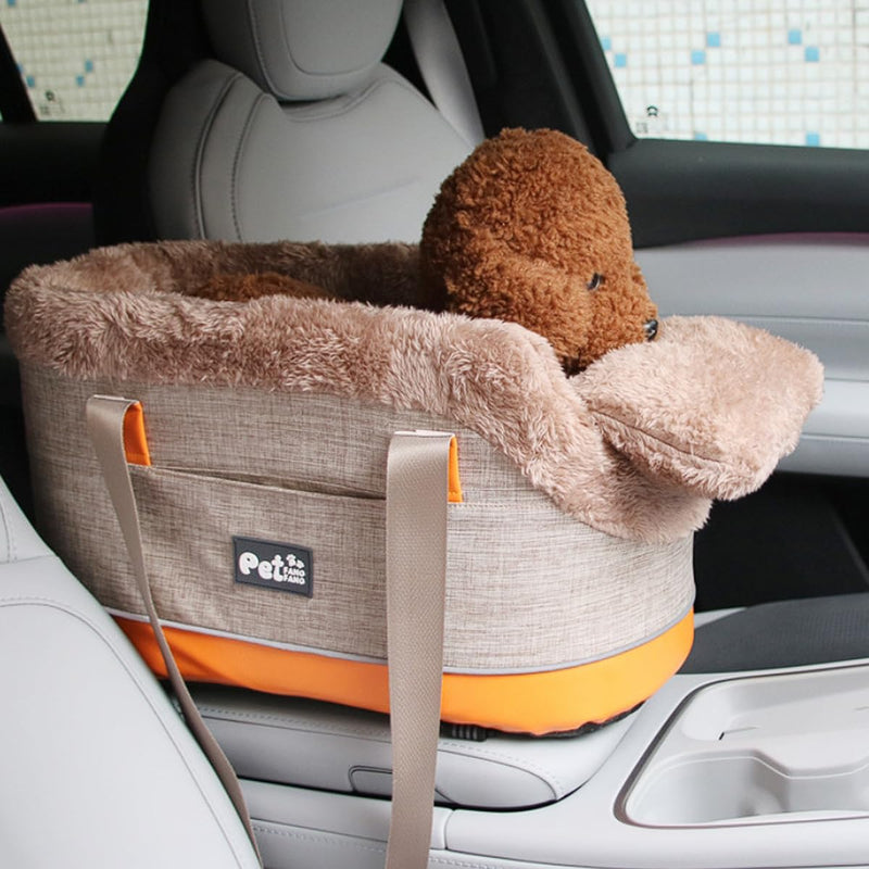 Pet Car Center Console Elevated Armrest Car Seat for Small Puppies, Dogs & Cats (Up to 10 lbs) – Khaki Washable Plush Carrier with Safety Leash, Fits Front Vehicle Console Space - PawsPlanet Australia
