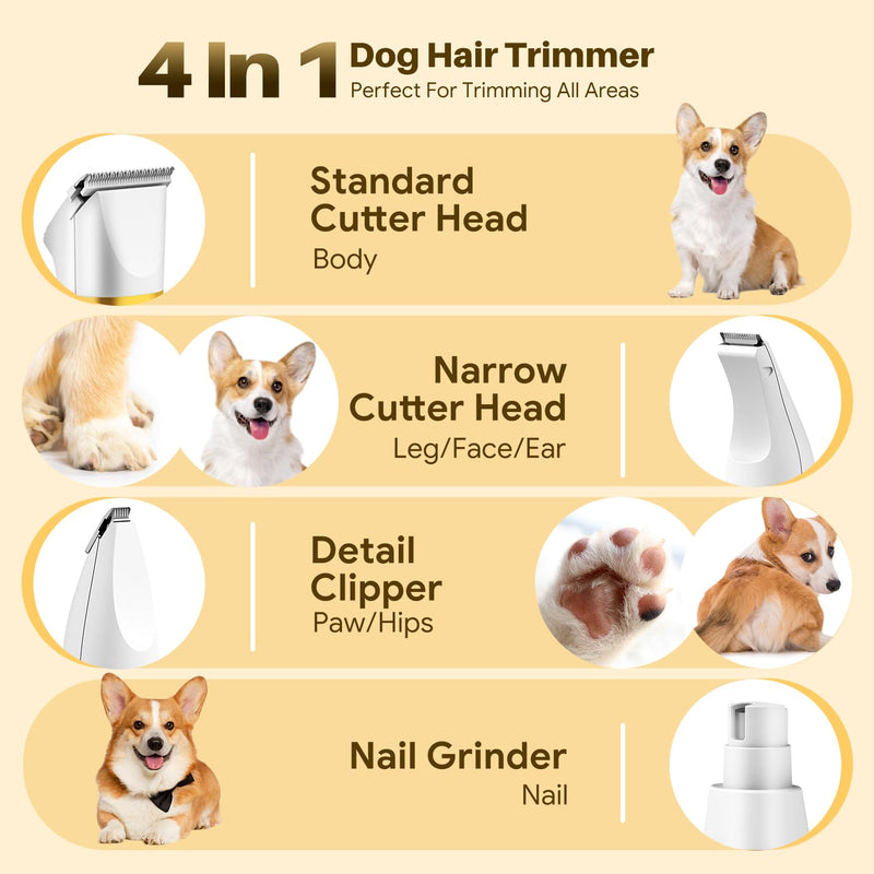 Small Dog Grooming Kit, 4 in 1 Electric Cordless Dog Paw Trimmer with Nail Grinder, Low Noise Dog Nail Trimmers, IPX7 Waterproof Small Dog Grooming Clippers for Paws, Ears, Face, Hip Hairl A-white - PawsPlanet Australia