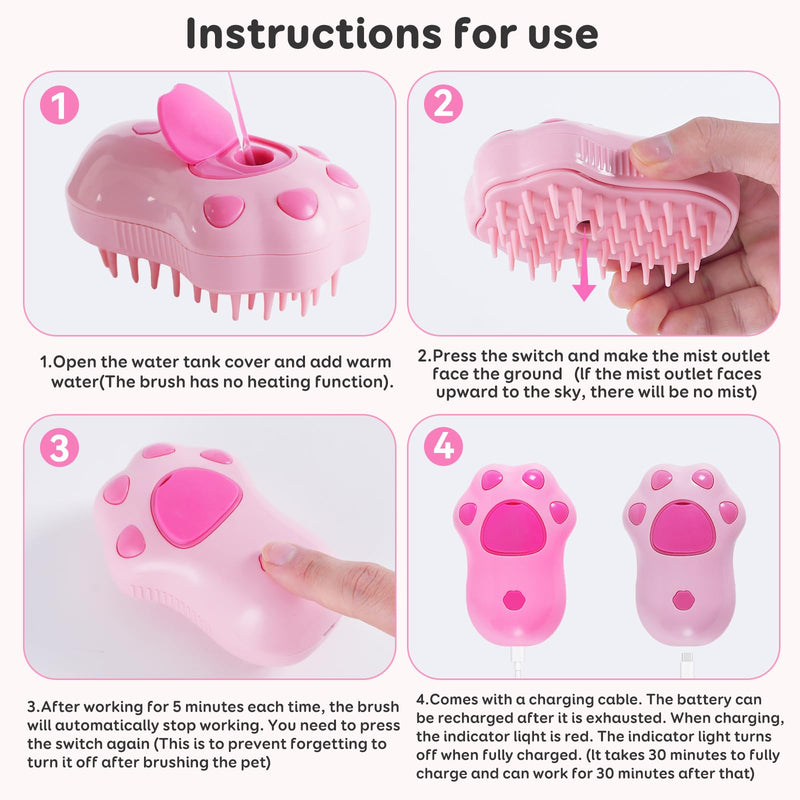 Cat Steam Brush - Self Cleaning Steamy Massage Brush for Indoor Cats, Removing Shedding, Tangled and Loose Hair - Cat Paw Model pink - PawsPlanet Australia