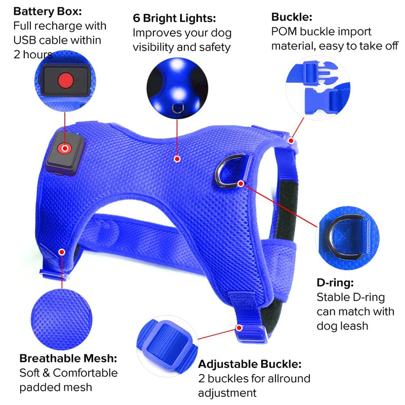 Flashseen LED Dog Harness, Lighted Up USB Rechargeable Pet Harness, Illuminated Reflective Glowing Dog Vest Adjustable Soft Padded No-Pull Suit for Small, Medium, Large Dogs (Blue, L) Blue - PawsPlanet Australia