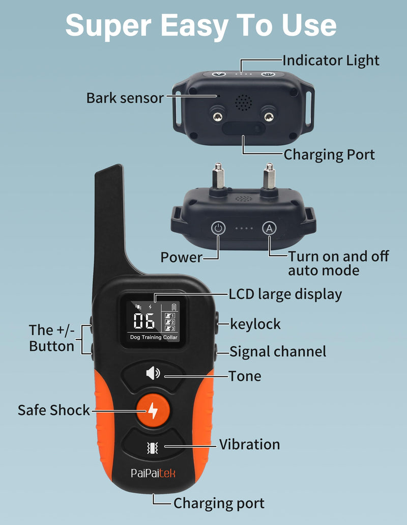 PaiPaitek Bark Activated Shock Collar with Remote - Automatic Bark and Training Collar Combo 3300ft Range, Bark Shock Collar for 40-150lbs Medium Large Dogs - IPX7 Waterproof Orange