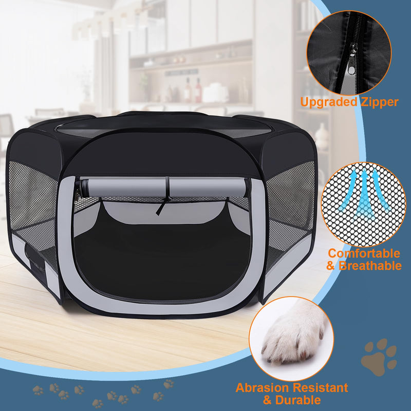 Dog Cat Playpen,Portable Pet Puppy Playpen,Rabbit Puppy Dog Play Pen for Indoors,Dogs Tent for Indoor Cats,Kitten Playpen,Collapsible Small Cats Crate Cage for Small Dogs with Carrying Case(Grey, L) Large Black - PawsPlanet Australia