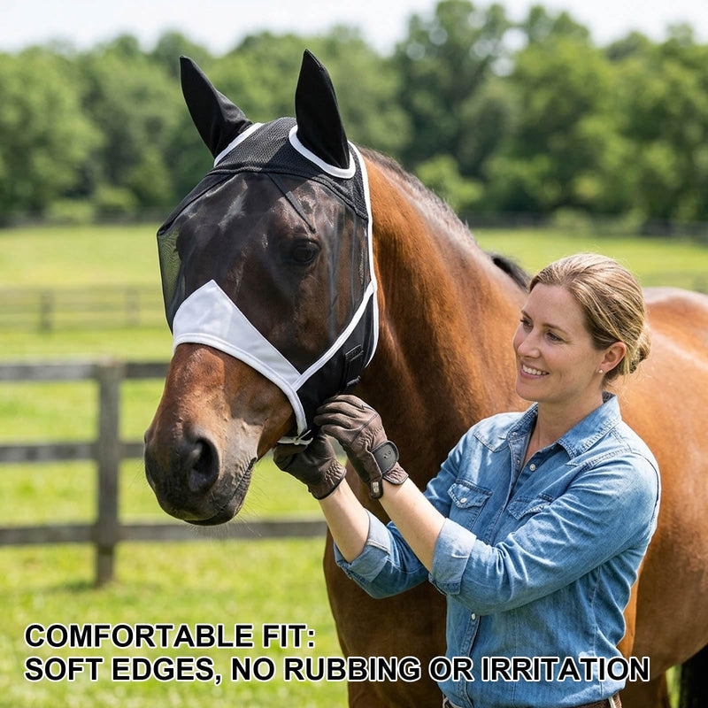 1PCS Fly Mask for Horses, Summer Turnout Protection with Enhanced Visibility, Breathable Mesh and Knit Fabric Design, Tangle-Free Fly Mask for Outdoor Riding and Stable Management (Full (Large))
