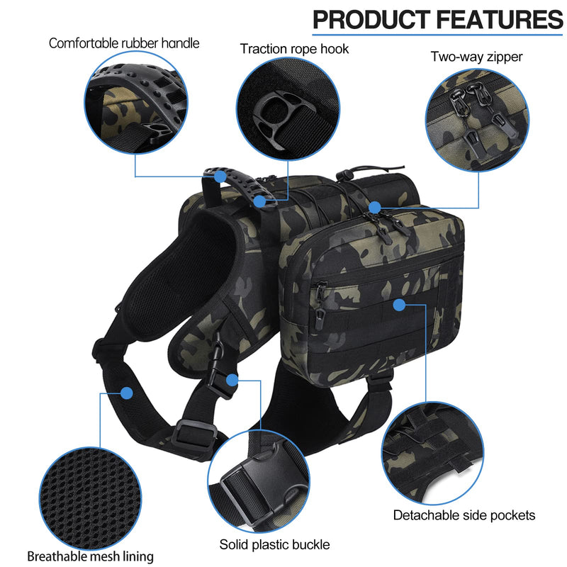 BYGD Outdoors Dog Hiking Backpacks, Hiking Backpack for Large Dogs with Side Pockets, Adjustable Strap, Large Capacity 2 Spacious Side Bags, Breathable Waterproof Fabric (Camo) Camo - PawsPlanet Australia
