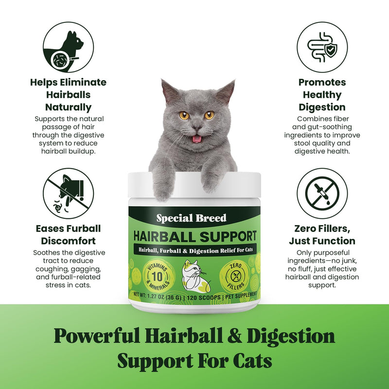 Special Breed Hairball Support for Cats - 10 Super Ingredients for Hairball Relief, Digestive Support & Healthy Skin - No Fillers - Psyllium, Pumpkin, Omega-3s & More - 120 Scoops 1.27oz