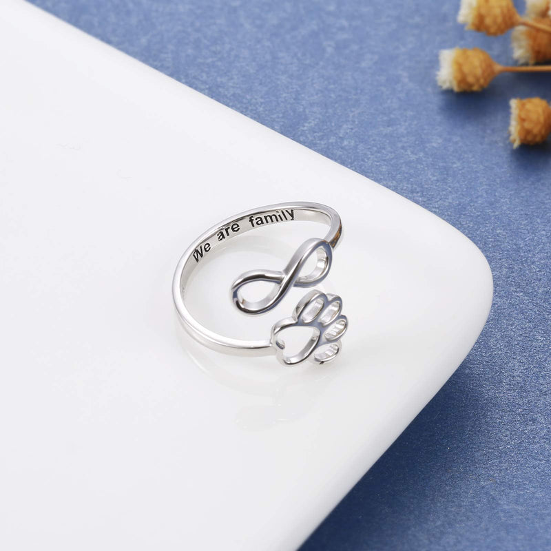 Puppy Pet Lovers Paw Print Ring Heart 925 Sterling Silver Adjustable Ring Pet Animal Jewelry Creative Pierced Love Dog Cat Claw Ring Pet Loving Friend Families Gifts Silver infinity paw ring