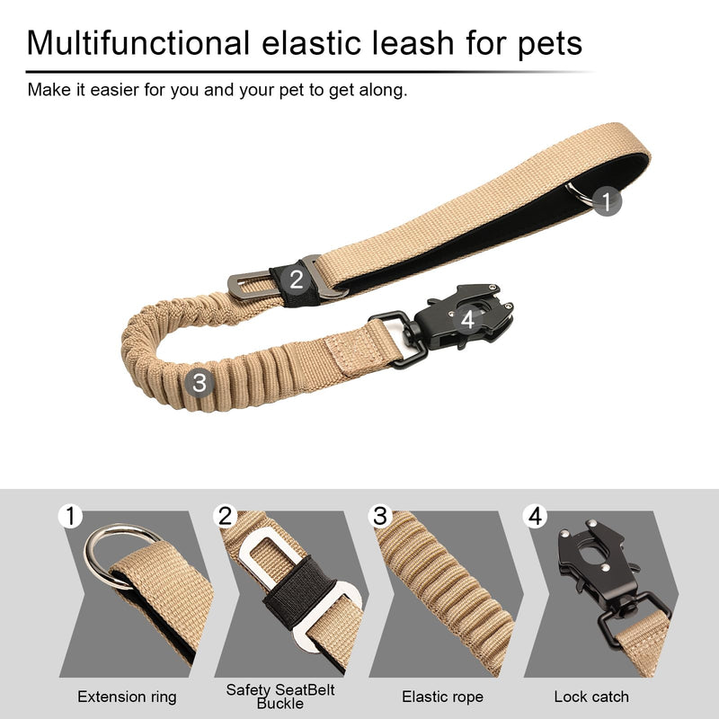 20” Strong Short Leash for Dog, Heavy Duty Bungee Dogs Leash with Padded Handle Car Seatbelt, Small Dog Training Leashs for Large or Medium Dogs - Can be Used with Other leashes (Khaki) khaki - PawsPlanet Australia