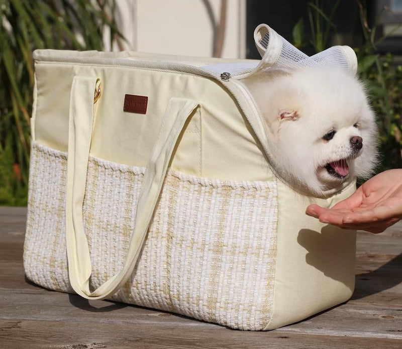 Cat Carriers Bag Beige Small Dog Purse Lightweight Puppy Carrier Fashion Woman Totes for Pet Bag Small Pups Handbag Kitty Rabbit Outdoor (Cream Color Cream - PawsPlanet Australia