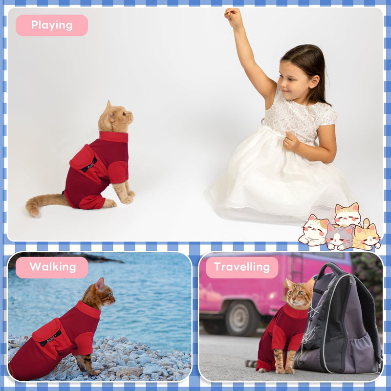 Adjustable Calming Suit Cat Clothes with Zipper, Anxiety Jacket Vest, Cat Apparel for Fireworks, Separation, Thunderstorms, Loud Noises, Comfortable Wrap Reduce Anxiety, Red X-Large X-Large(Back Length 14.17'') - PawsPlanet Australia